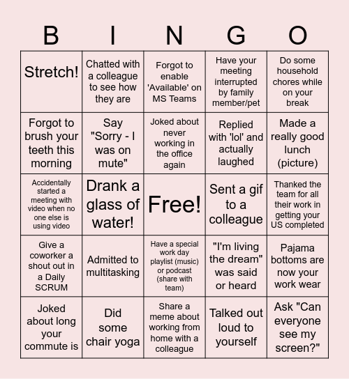 Remote Work Bingo Card