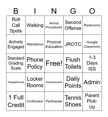 PE SOP BINGO Card