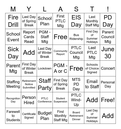 PTLC Retirement Bingo Card