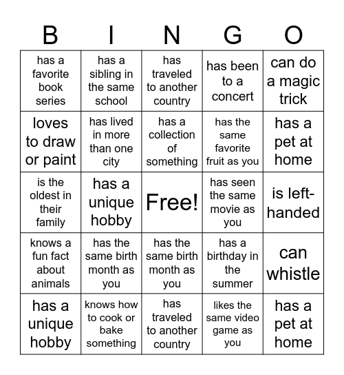 Class Bingo Card