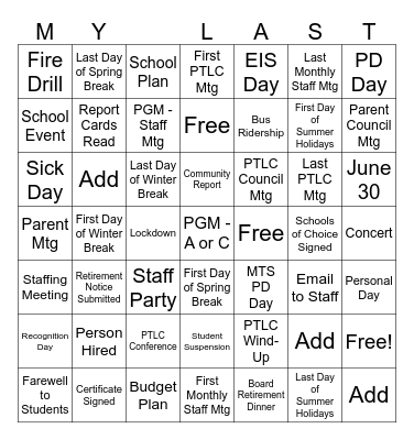 2026 PTLC Retirement Bingo Card