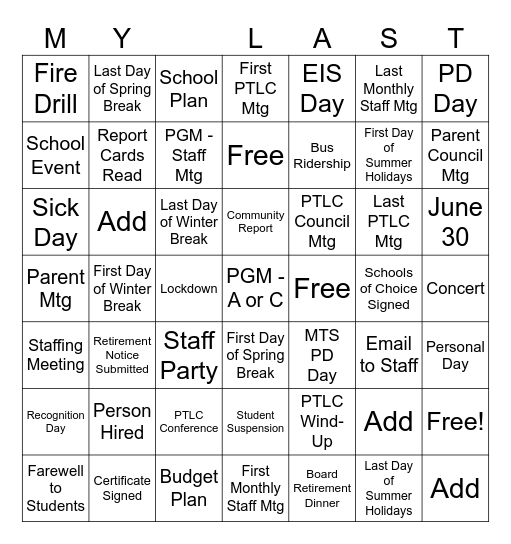 2026 PTLC Retirement Bingo Card