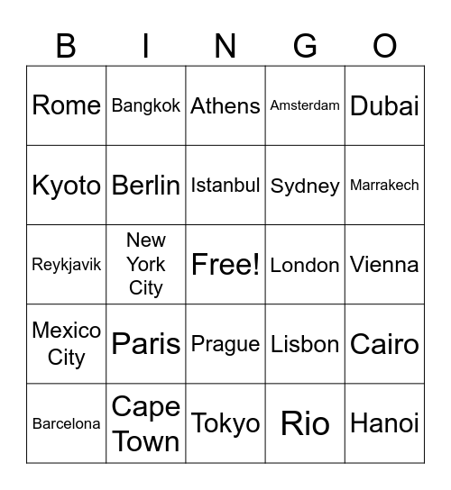 Travel Destinations Bingo Card