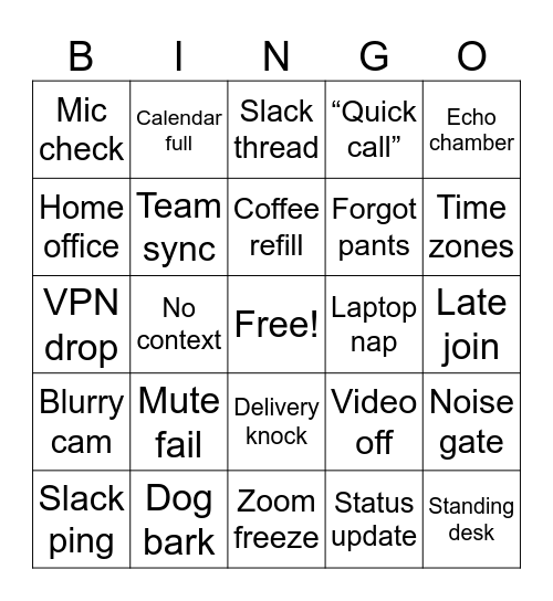 Remote Work Bingo Card