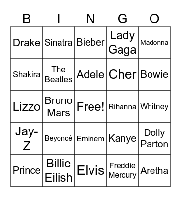 Famous Music Artists Bingo Card