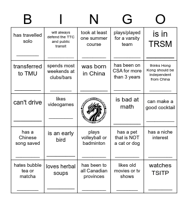 TMUCSA BINGO: find someone who... Bingo Card