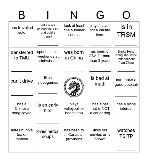 TMUCSA BINGO: find someone who... Bingo Card