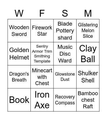Minecraft items Bingo Card