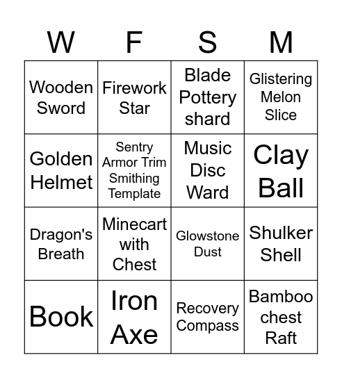 Minecraft items Bingo Card