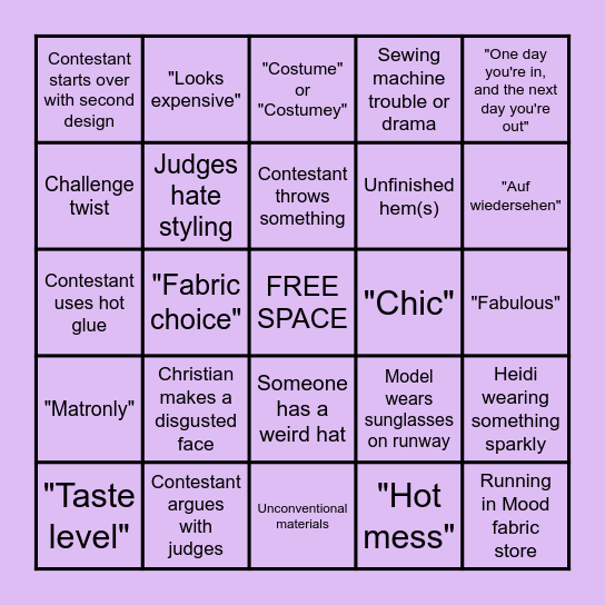 Project Runway Bingo Card