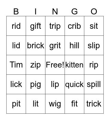 Short i Bingo Card