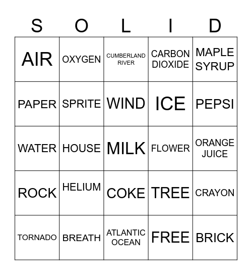 States of Matter Bingo Card