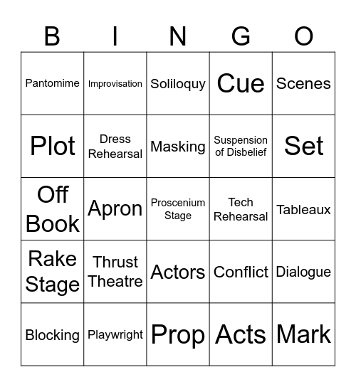 Theatre Term Bingo Card