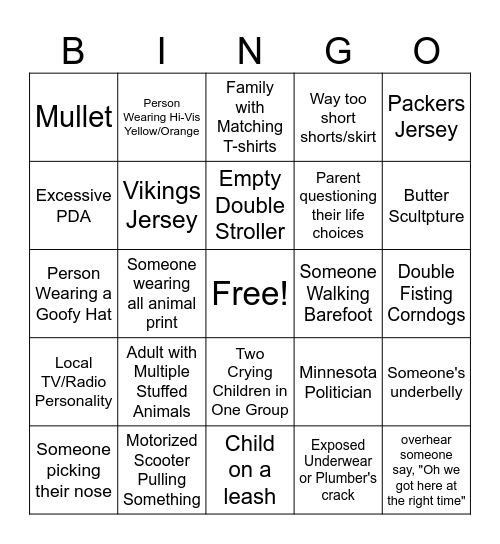 Minnesota State Fair Bingo Card