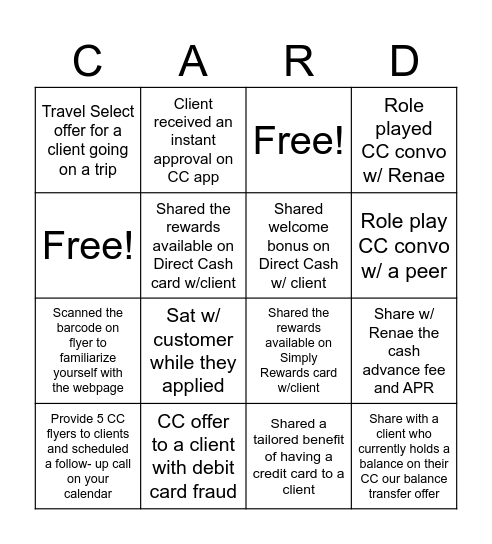 Credit Card Challenge Bingo Card