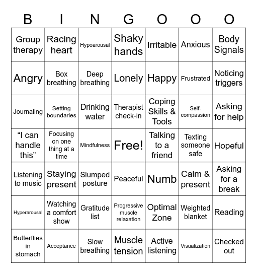 Window of Tolerance Bingo Card