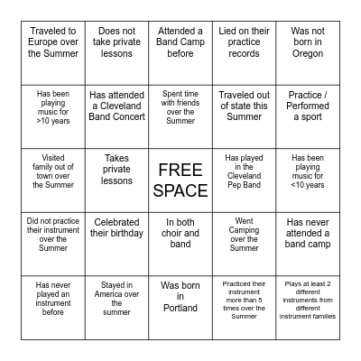 Cleveland Band Camp Bingo Card