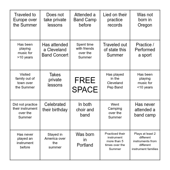 Cleveland Band Camp Bingo Card
