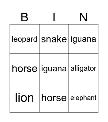 Animals Bingo Card