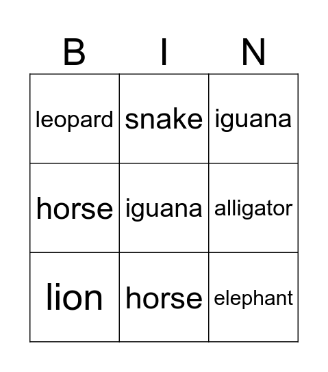 Animals Bingo Card