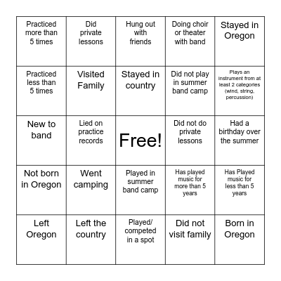 Band Camp Bingo Card