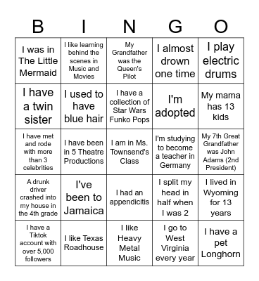 Theatre One Fun Facts Bingo Card