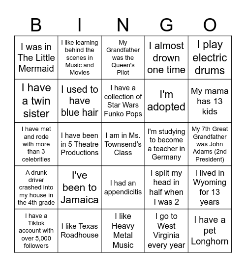 Theatre One Fun Facts Bingo Card