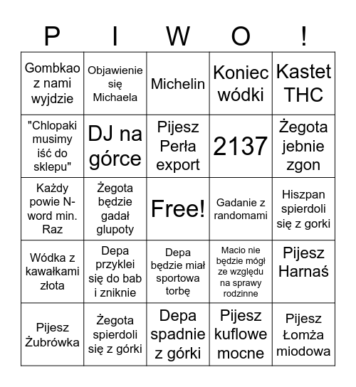 Picie na górce Bingo Card