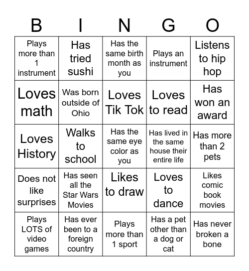 Mr. DeVoe's class Bingo Card