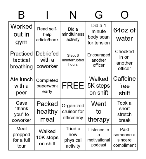 NRPD Wellness Bingo Card