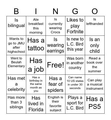 Welcome Back! Bingo Card