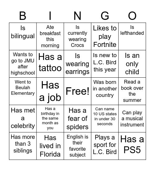 Welcome Back! Bingo Card
