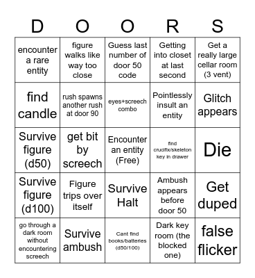 Roblox Doors Bingo Card