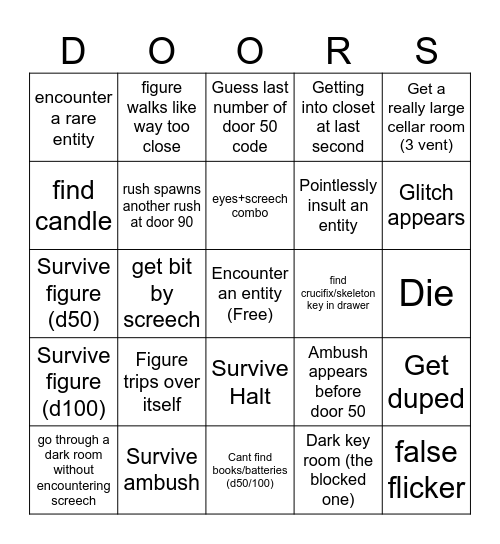 Roblox Doors Bingo Card
