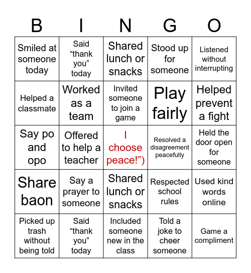 PEACE CARD - GR 9 RIZAL Bingo Card