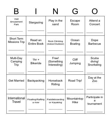 Summer Activity Bingo Card