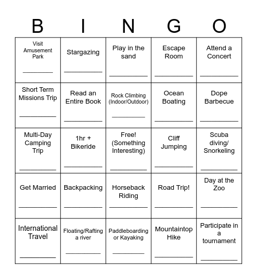 Summer Activity Bingo Card