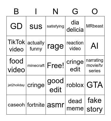 YT shorts Bingo Card