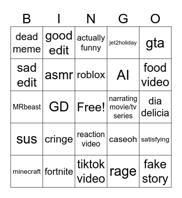 YT shorts Bingo Card