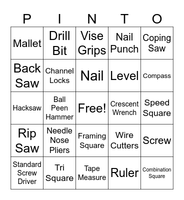 MHS Hand Tool Names Nail PunchBingo Card