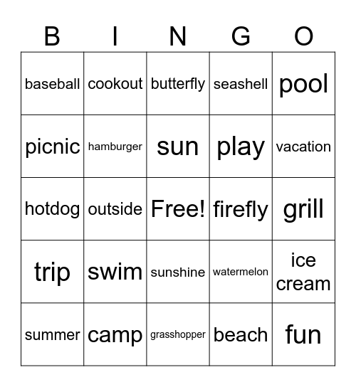 SUMMER WORDS Bingo Card