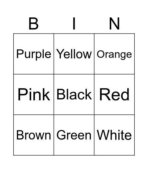 Colours Bingo Card