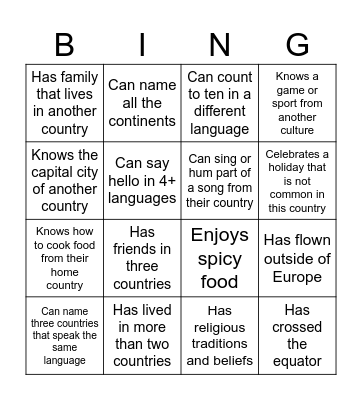 PY3 Cultural Bingo Card