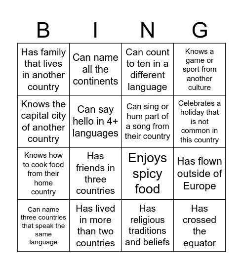 PY3 Cultural Bingo Card