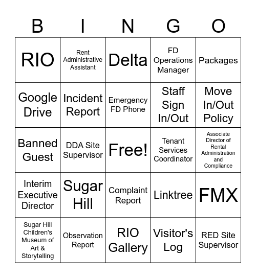 BHC Front Desk Bingo Card