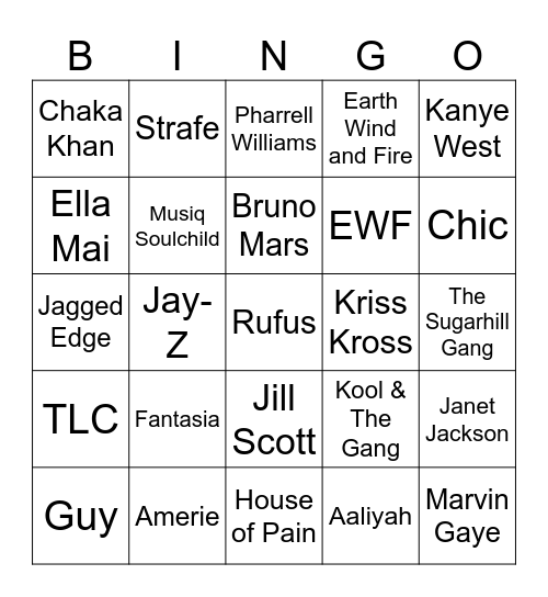 Cookout Music Bingo 1 Bingo Card
