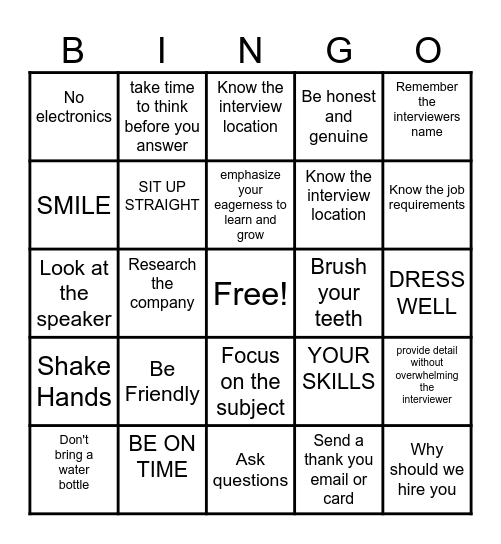 Job Interview Bingo Card