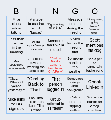 Morning Meeting Bingo Card