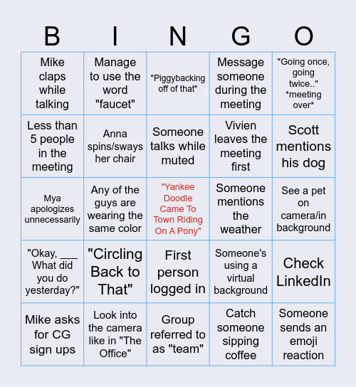 Morning Meeting Bingo Card
