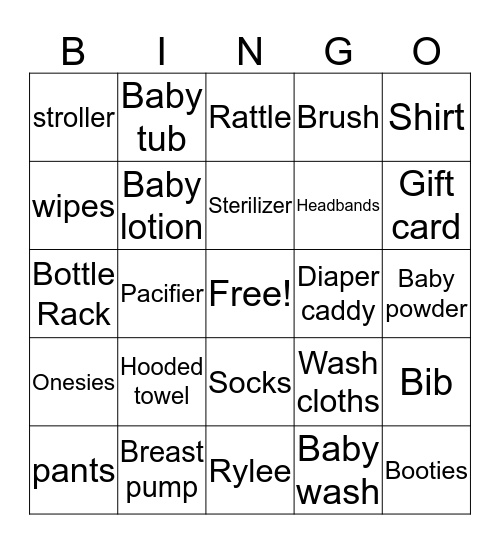 Rylee's Baby Shower Gift  Bingo Card
